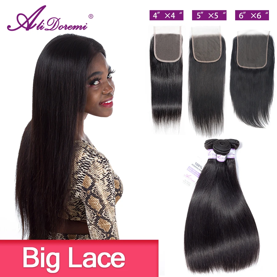  Alidoremi 5x5 closure with bundles Brazilian Straight Hair 3PCS Middle Free part 100% Human Hair No