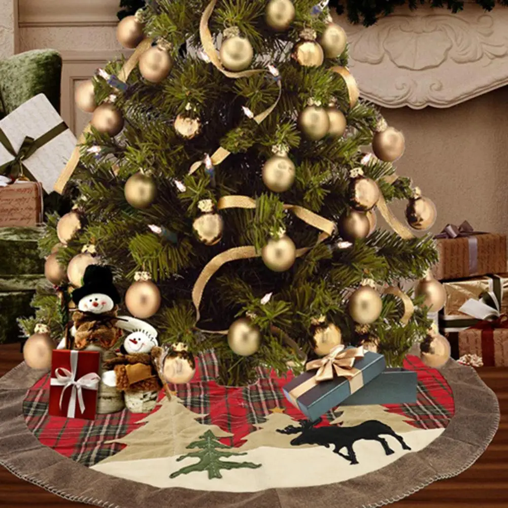 

105cm Cute Buffalo Plaid Christmas Tree Skirt Soft Cloth Elk Print Apron Christmas Tree Carpet Christmas Party Decoration