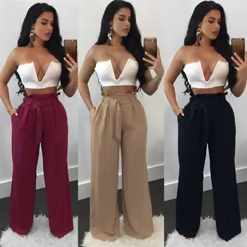 

Newly Summer Fashion Casual Women Wide Leg Pants Loose Slim Solid Sashes Elastic Waist High Waist Pants 4 Style