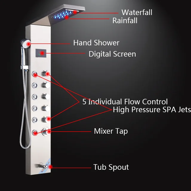 Onyzpily светодиодный душ панель Матовый никель Золотой дождь водопад душевой Набор кран башня система массаж тела струи Fenty душевая п