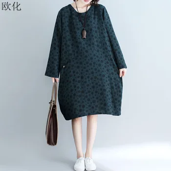 

2020 Spring New Long Sleeve Jacquard Dress Women Plus Size Polka Dot Dress Vintage Cotton Linen Long Dresses Robe Femme 4XL 5XL
