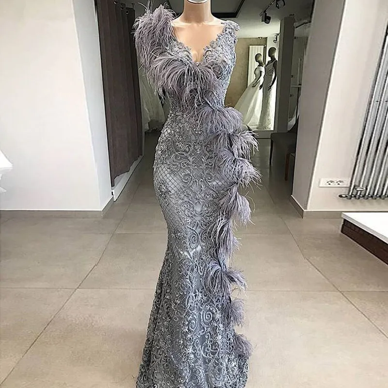 Elegant-Gray-Lace-Mermaid-Evening-Dress-2020-Long-V-Neck-Feathers-Formal-Prom-Dresses-Turkey-Robe (1)