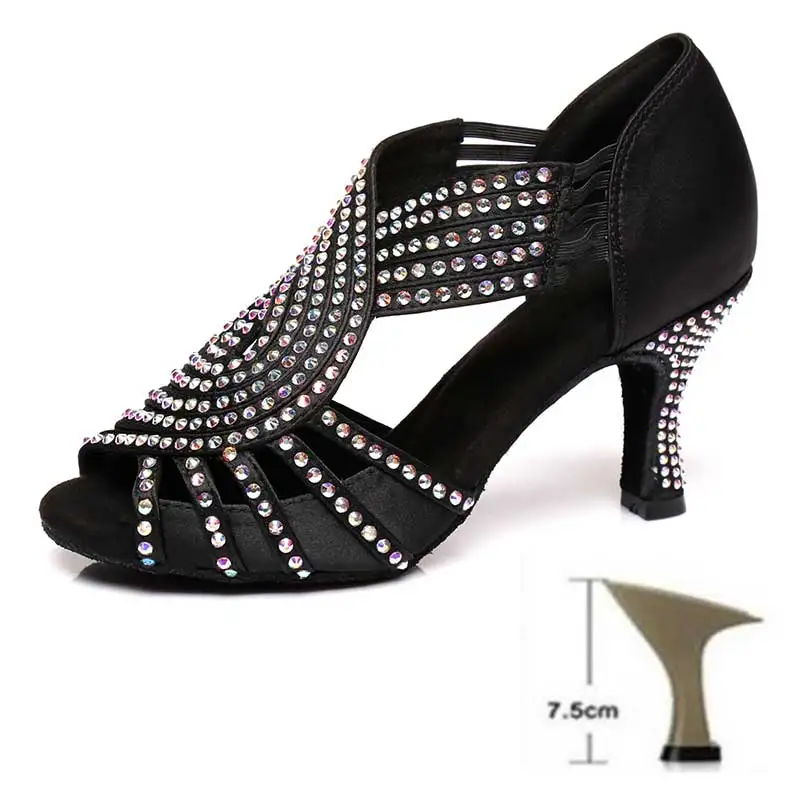 Обувь для латинских танцев Стразы Женская Обувь для бальных танцев для девочек Танго; на низком каблуке Профессиональный Танцы 6/7. 5/8. 5/туфли на высоком каблуке(10 см); - Цвет: Black2  7.5CM