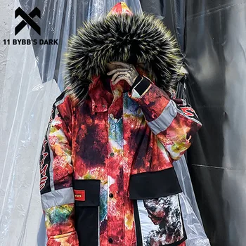 

11 BYBB'S DARK Color Block Parkas Mens Hooded Hip Hop Winter Warm Jackets Harajuku Thick Fashion Casual Coat Streetwear Overcoat