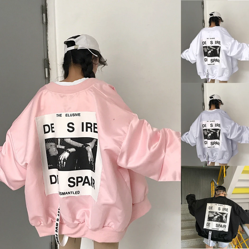 Модная куртка-бомбер, Пальто Harajuku, Женская свободная ветровка на молнии с буквенным принтом, тонкие пальто, осенняя верхняя одежда с длинными рукавами