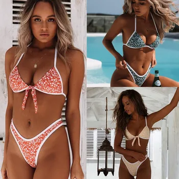 

2020 New Arrival Swimsuit Knotted Print Bikini Sexy Floral Split Bikini Set Summer High Waist Beach Wear For Women