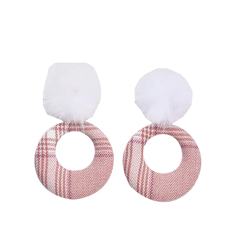 ZG Mink Hair Ball Plaid Round Circle Cute Autumn Fall Winter New Women Girl Stud Earrings Korean Japan Fashion Jewelry