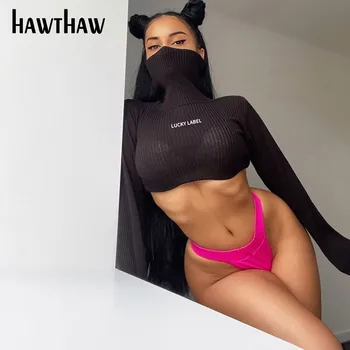 

Hawthaw Women Autumn Fashion Streetwear Long Sleeve Letter Print Turtleneck Knit Slim T Shirt Tees Short Tops 2020 Fall Clothes