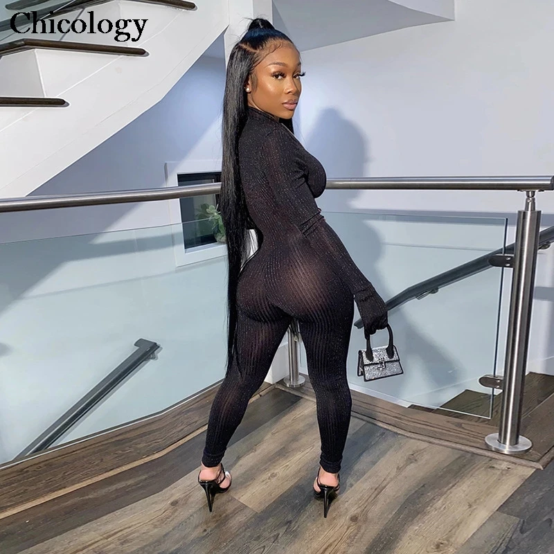 Chicology zipper bodycon see though mesh jumpsuit women 2020 summer autumn sexy clothes female streetwear party club festival