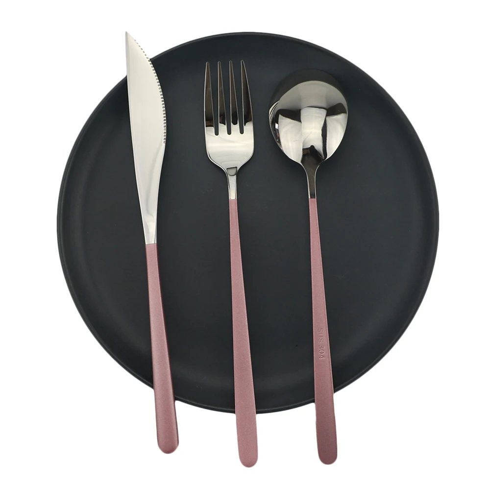 

3pcs/set Silver Pink Dinnerware Knife Fork Spoon Kitchen Tableware Set Stainless Steel Reusable Flatware Restaurant Accessories