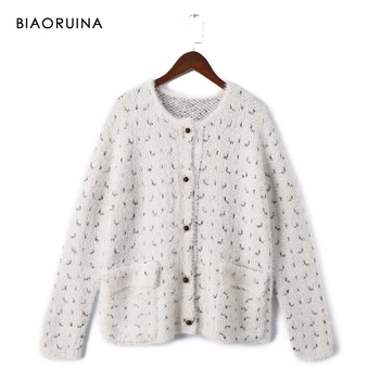 

BIAORUINA Women's Black Jacquard Patchwork Silver Sequines Cardigans Female Fashion O-neck Single Breasted Warm Thick Sweater