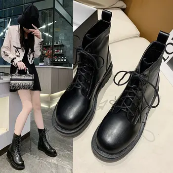 

Thick Bottomed Martin Boots Female 2020 Autumn and Winter New Style Lace-up Simply Solid Color Motorcycle Boots round British Sh