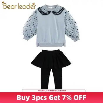 

Bear Leader 4-13 Years Girls Autumn Suits Long Sleeve Polka Dot Pattern T-Shirt + Solid Pant with Skirt Teenagers Girls Cute Set