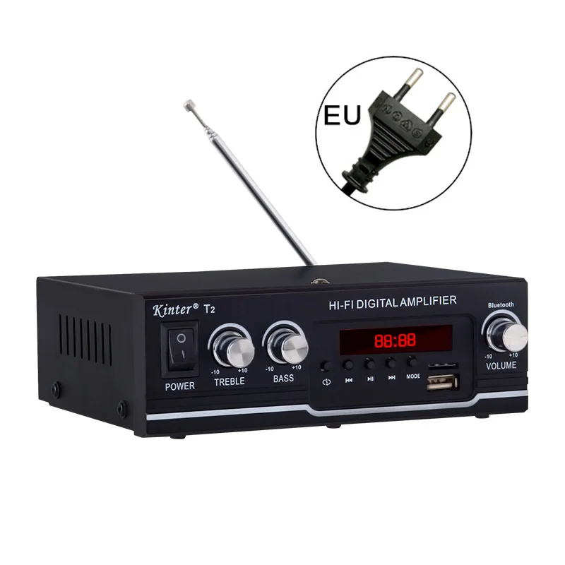 EU Plug Kinter T2 Hifi автомобильный усилитель аудио 2.0CH 20 Вт стерео звук для bluetooth USB TF вход FM радио Питание AC220V DC 12 В черный - Цвет: EU Plug