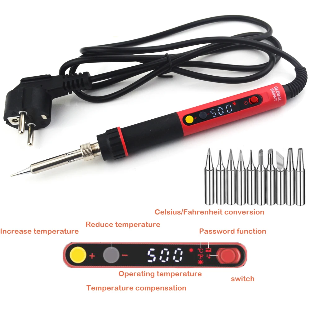 CXG E60WT E90WT E110WT Digital LCD Adjustable NC thermostat Electric soldering iron handle Welding repair +10 pcs 900M tips 2