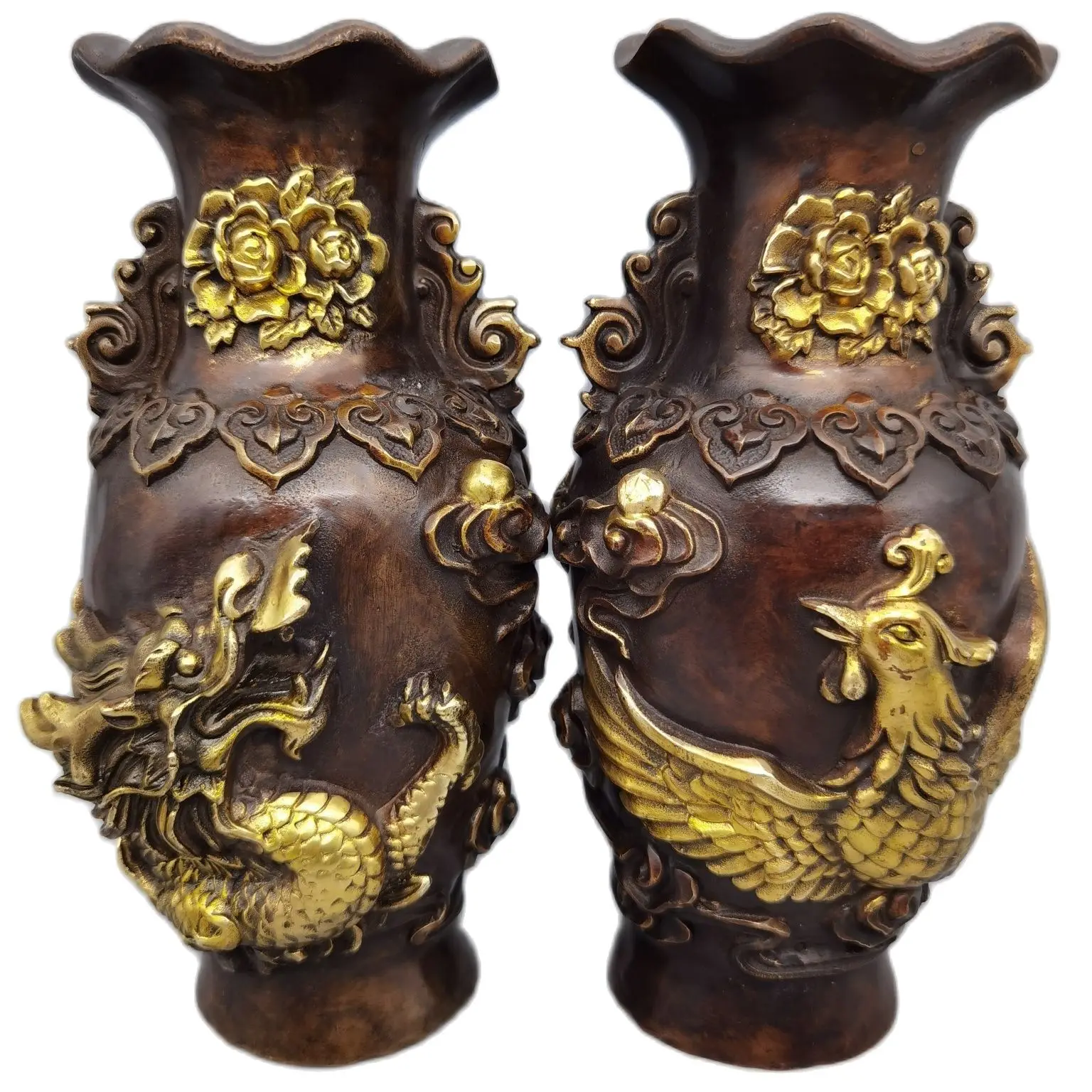 

Collection 1 Pair Old Bronze Handmade Gilt Gold Dragon And Phoenix Vase,Collection Chinese Antique Art Vase