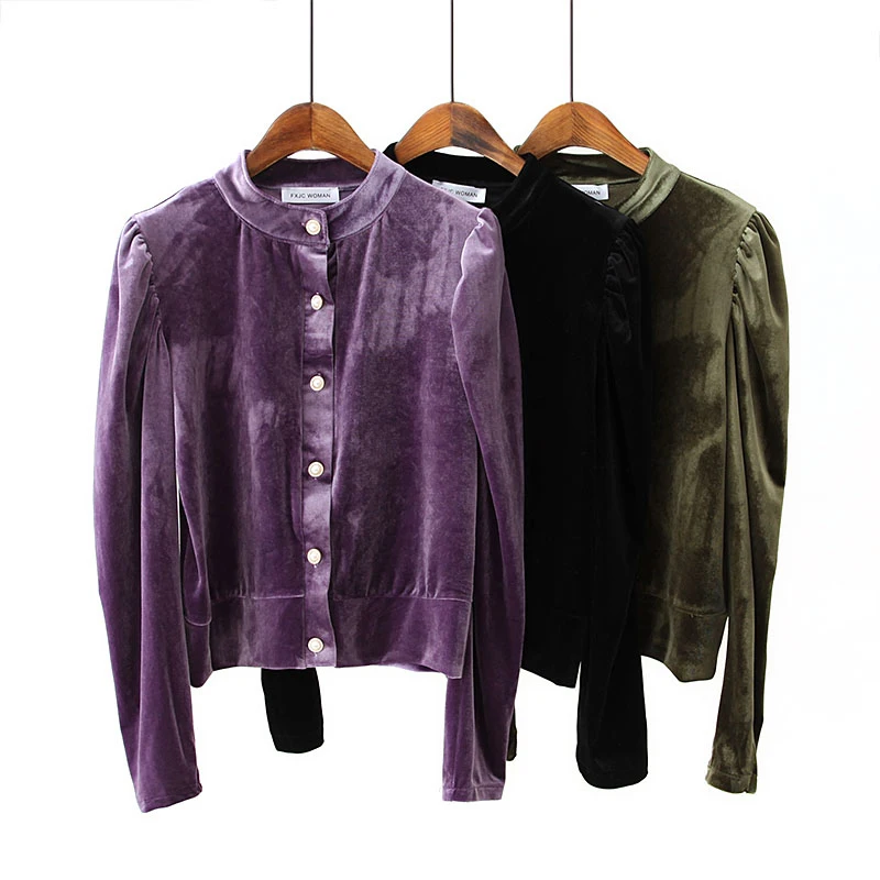 YNZZU, осень, фиолетовые бархатные женские блузки и топы, винтажный буф с рукавами, однобортные женские блузки, Прямая поставка, AT427