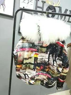 Зимние парки для женщин, новинка, утепленная теплая куртка с абстрактным принтом, с натуральным лисьим мехом, с внутренним большим меховым воротником, зимняя куртка, пальто для женщин - Цвет: blackfoxfurliner 1