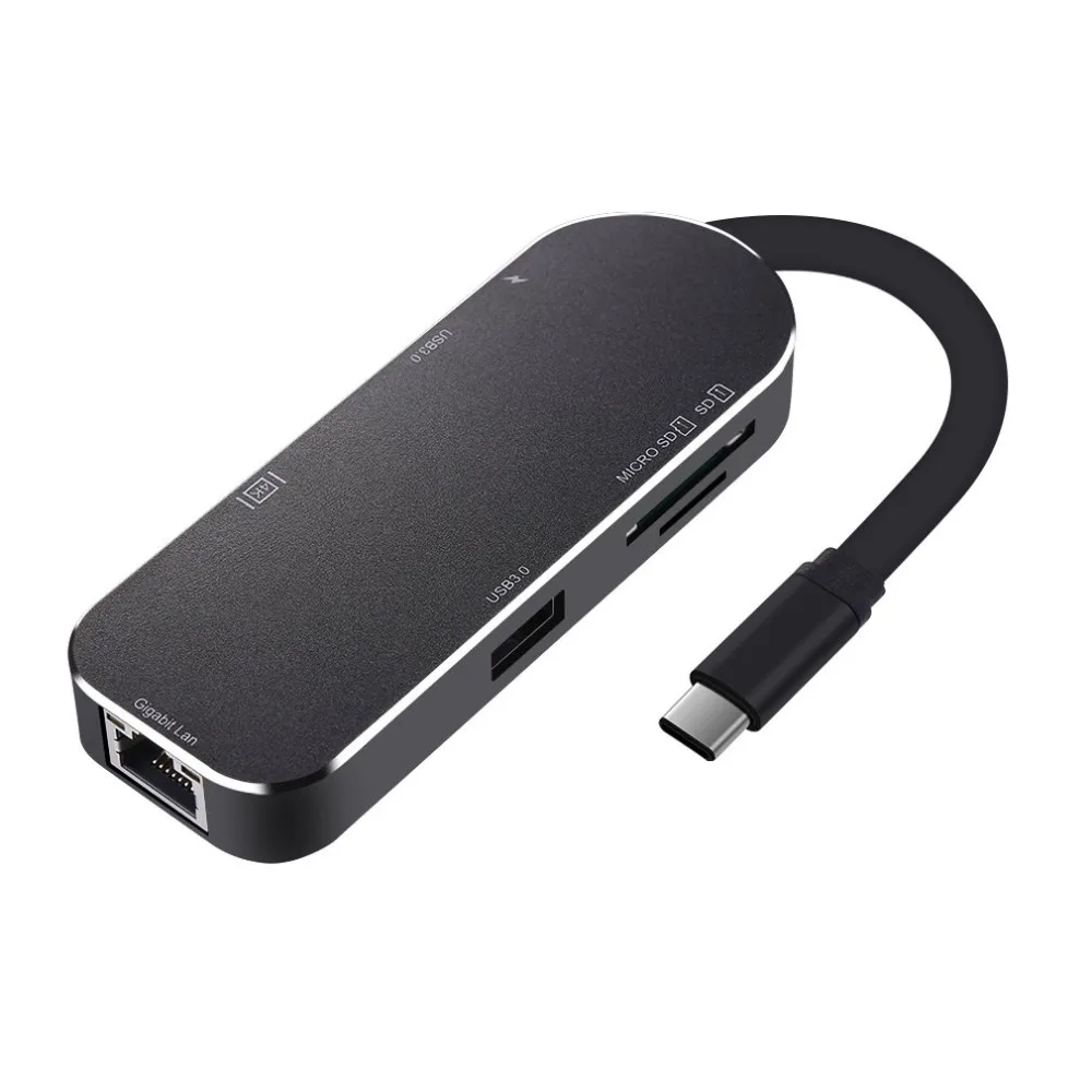 YSTC0206 тип-c к HDMI 4K+ RJ45 Gigabit LAN+ 3.0HUB+ безопасный цифровой/T-Flash кардридер+ зарядный концентратор 7 портов