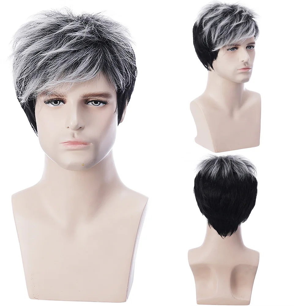 

Gres Men Short Straight Hair Wig Black Silver Ombre Male Wigs Cosplay High Temperature Fiber Synthetic Hair with Bang