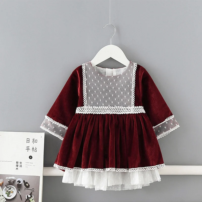 Осенне-зимнее платье принцессы для новорожденных девочек, детское бархатное кружевное платье с длинными рукавами для дня рождения Vestidos S9728
