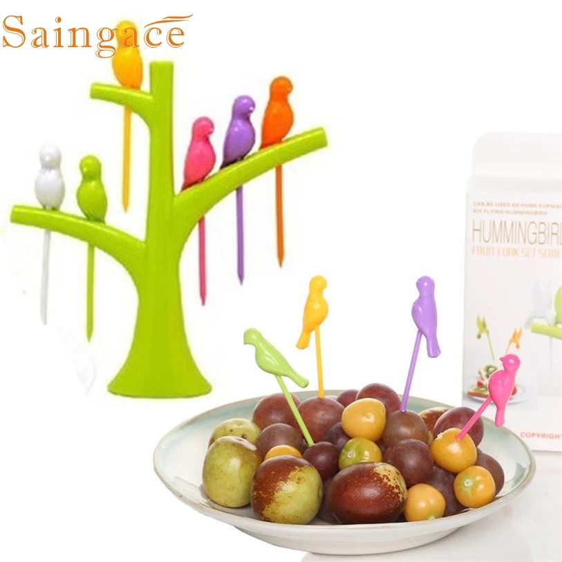 

New Style Colorful 6pcs Birdie Fruit Fork Birds On The Tree Shape Dessert Cake Dinnerware Party Cocktail Safe Eco-friendly 12.31