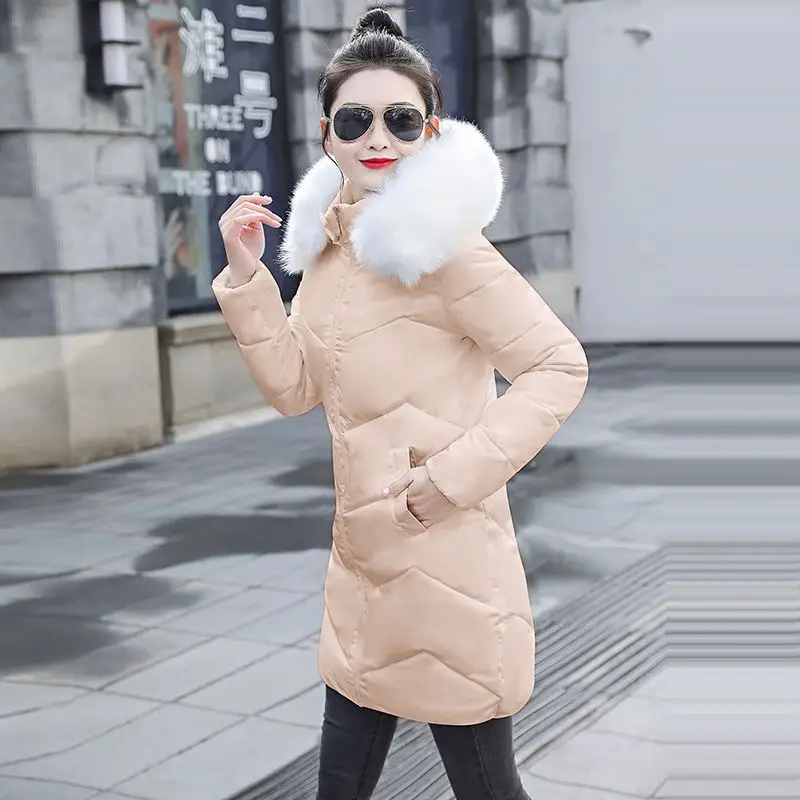 Новая модная теплая зимняя куртка для женщин с большим мехом, толстые тонкие женские зимние куртки, пальто с капюшоном, пуховые парки, длинная верхняя одежда - Цвет: khak
