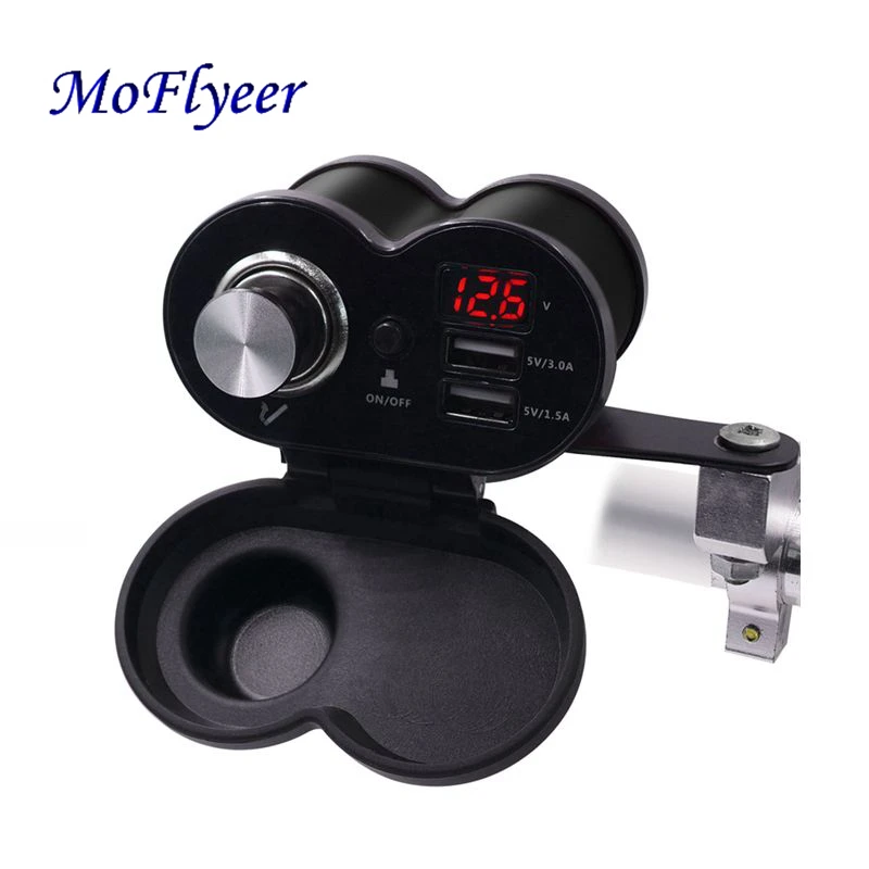 Moflyeer carregador usb para moto duplo, usb 5.0, à prova d' água, entrada dupla, para celular 12v/24v voltímetro led para carregador de moto 3.0