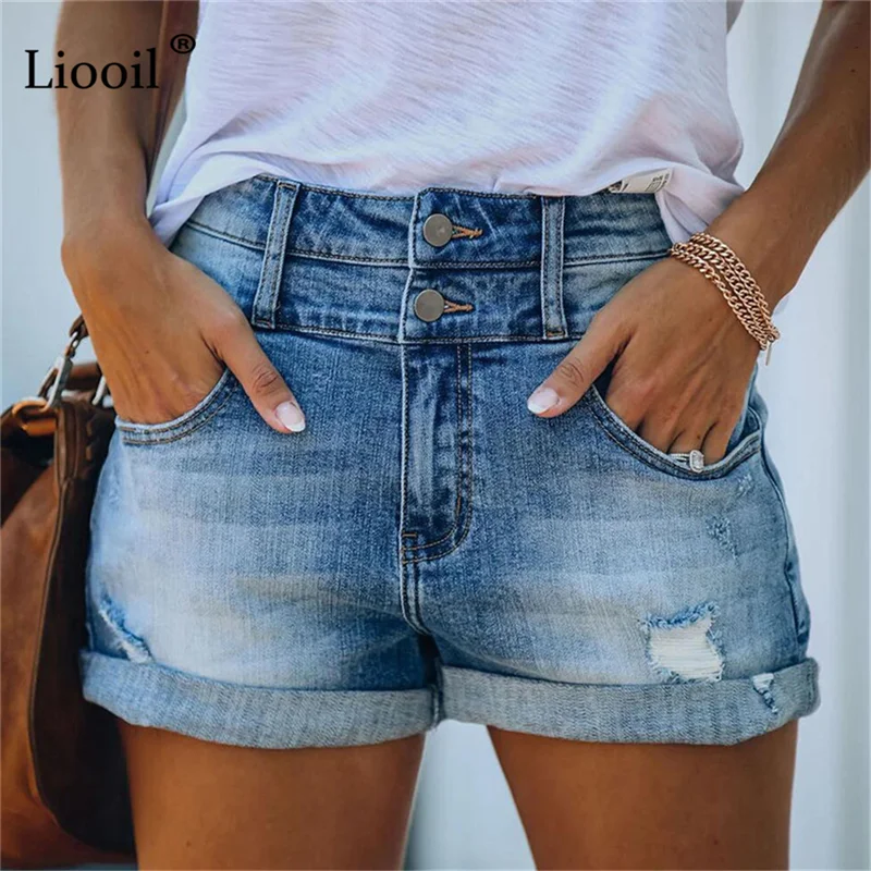 Cotton Button Up Cuffed Stretch Sexy Hole Jean Shorts High Waist Skinny ...