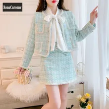 

Autumn New Womens Fashion Korean Two-Piece Suit Single Breasted Tweed Short Jackets Female Sets Casual High Waist A-Line Skirt