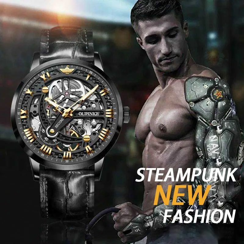 US $148.50 Skeleton Watch Men Mechanical Wristwatches Automatic Oupinke Luxury Classic Sapphire Waterproof Watches Relogio Masculino Lux