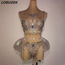 Блестящий бюстгальтер со стразами шорты юбка 3 шт. сексуальный бар ночной клуб для женщин певица танцевальная команда DJ наряд с бикини Rave вечерние шоу костюм