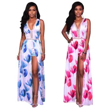 Sexy Slit Tiefem V-ausschnitt Baumwolle Floral Gedruckt Kleid Frauen Klassische Cross-Cut Aushöhlen Graceful Dame Party Abend Lange maxi Kleid(China)