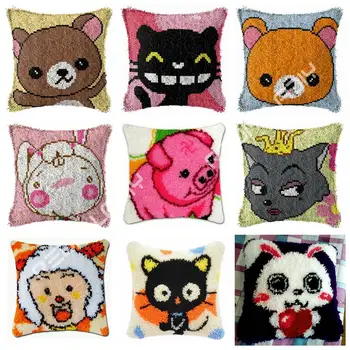 

Latch Hook Cat Bear Rabbit Cushion Front Pre-Printed Canvas DIY Yarn Crochet Crafts Pillow Case 43x43cm Sofa Bed Cushion Cover