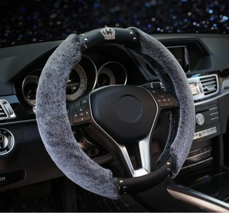 Универсальный Зимний плюшевый Меховой чехол рулевого колеса автомобиля Bling Стразы Корона нескользящий защитный чехол для рулевого колеса для женщин
