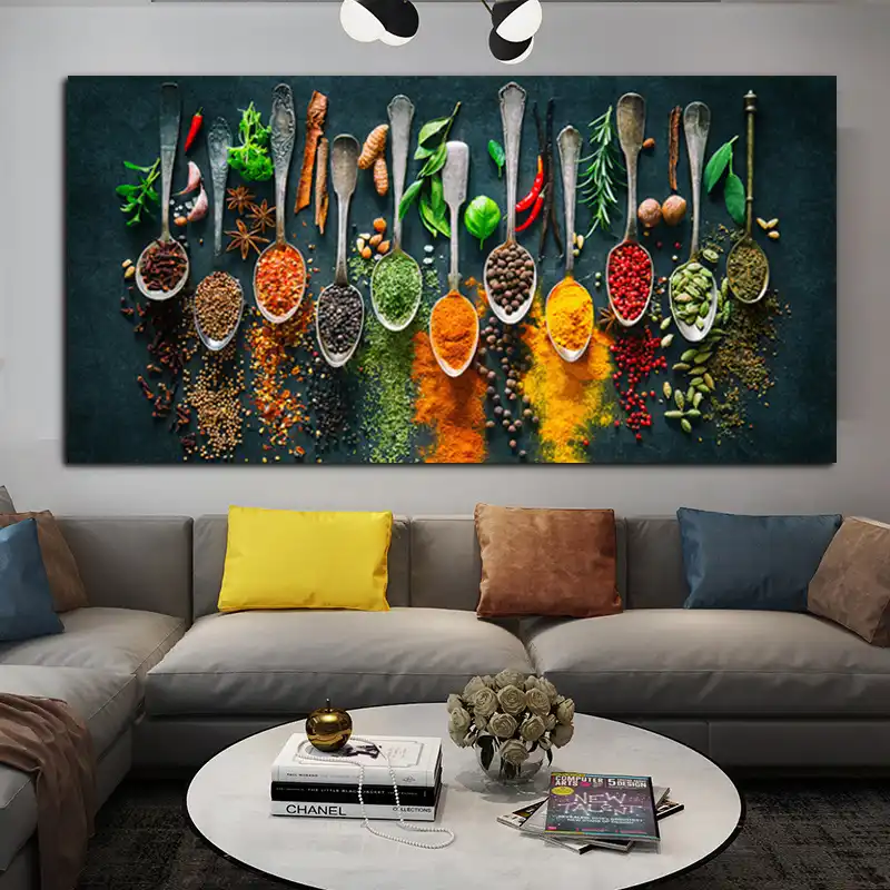,encadr/ée 8x12inch LYML Herbes Et /éPices Chili Cuill/èRe Toile Peinture Nourriture Affiche Mur Art Photo pour Cuisine D/éCoration Peinture Murale 20x30cm