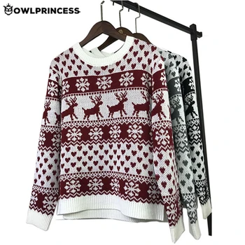 

Madam clothing OWLPRINCESS Ugly Christmas Sweater Women Pullover Warm And Comfortable O Neck Winter Snow+Elk Print Knitted Femme