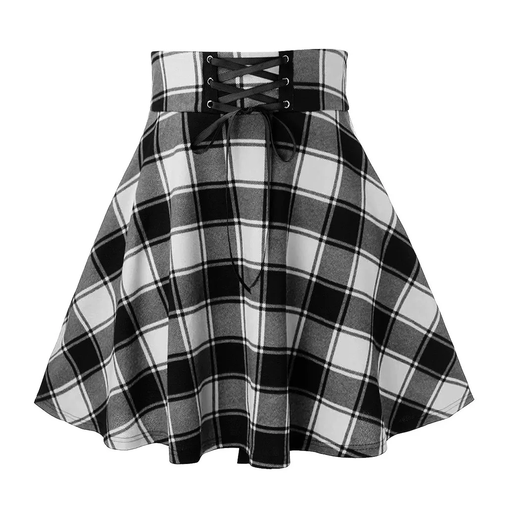 Faldas plisadas a cuadros para mujer, minifalda Sexy informal de cintura alta, con estampado de celosía, línea A