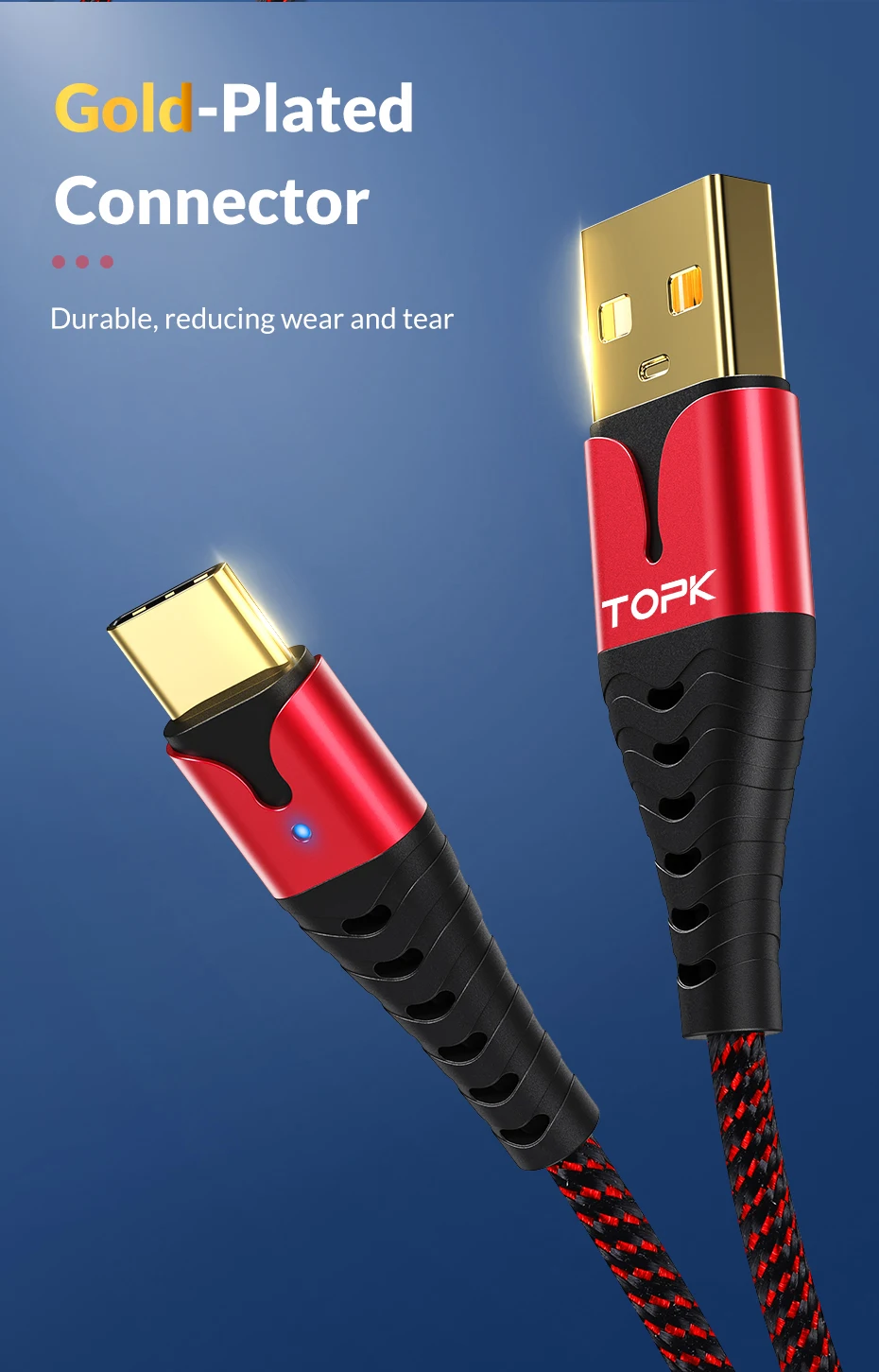 TOPK LED USB Type C Cable for Samsung S9 S8 Fast Charging Type-C Data Charge USBC Mobile Phone Cable for Xiaomi mi9 Redmi note 7