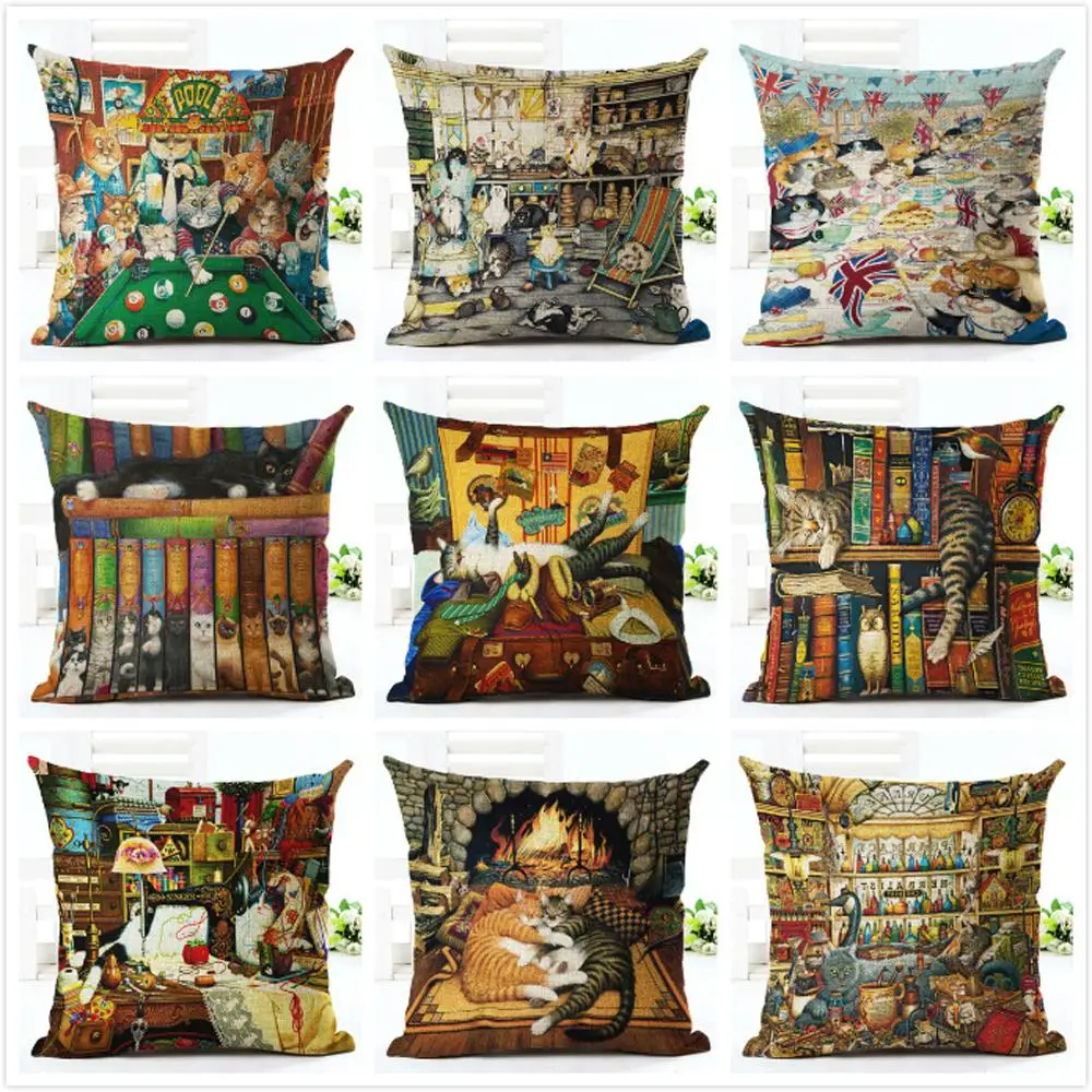 

Cute Cartoon Cat Printing Decorative Pillowcase Cat Cotton Linen Throw Pillow Case Pillow Cover kussensloop almohada ZT305