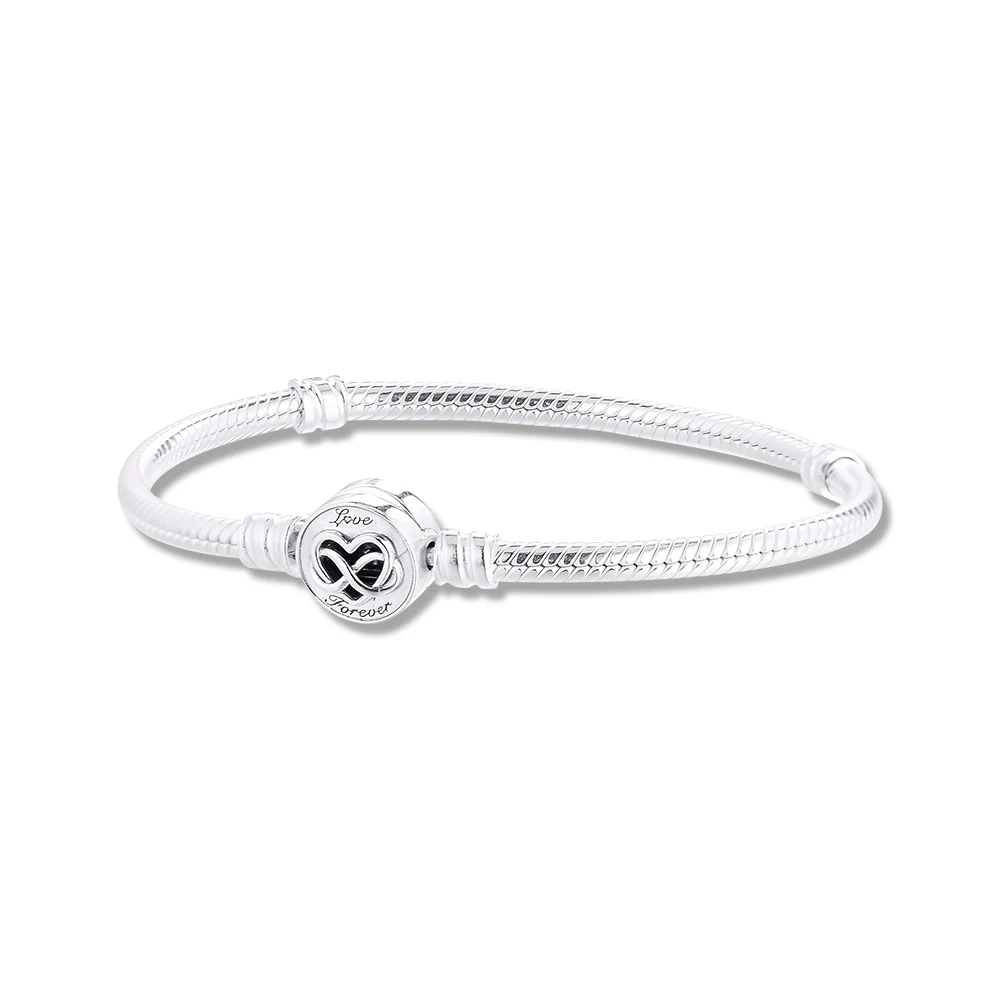 

New Moments Heart Infinity Clasp Snake Chain Bracelet Real 925 Sterling Silver Bracelets for Women Jewelry DIY Making Pulseras