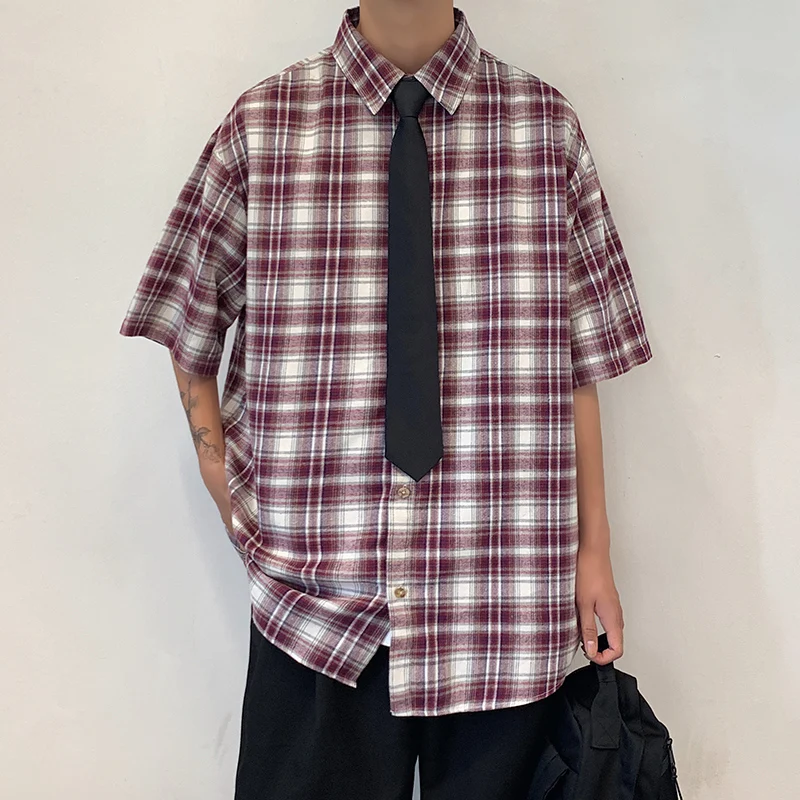 

Plaid Shirts for Men Shirt Short Sleeve Tops Designer Loose Fit Streetwear Mens Summer Clothes Hawaii Shirt Camisas Para Hombre