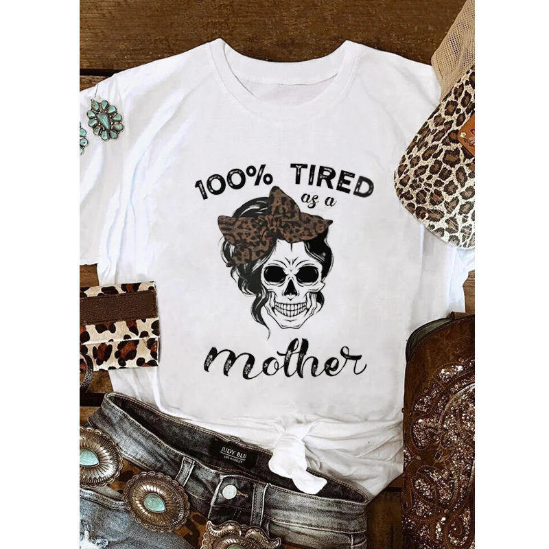 Женская футболка с рисунком черепа леопардовая Футболка принтом уставших мам