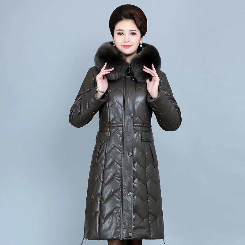 Женская зимняя кожаная куртка из искусственной кожи, парка с капюшоном, теплый меховой воротник размера плюс 6XL, высокое качество, длинное пальто из мягкой кожи, женская верхняя одежда