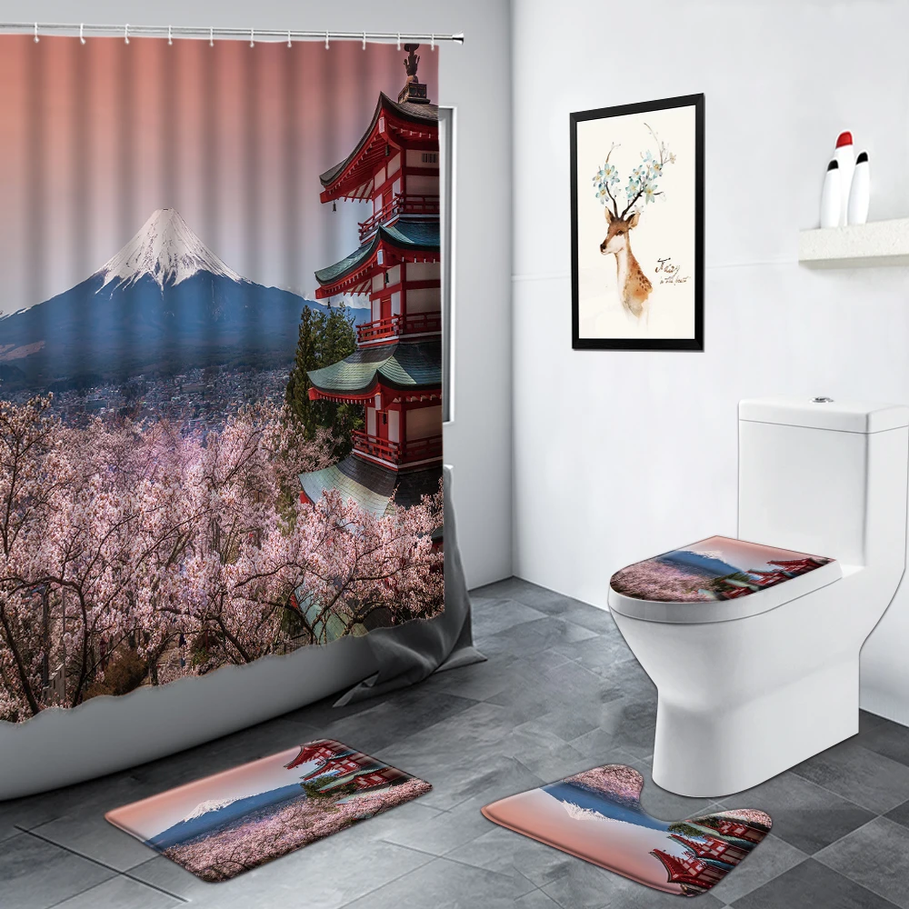 Cherry Blossom Mount Fuji Landscape Shower Curtain Flower Tree Red Building Home Decor Bathroom Non-slip Rug Toilet Bath Mat Set | Дом и сад