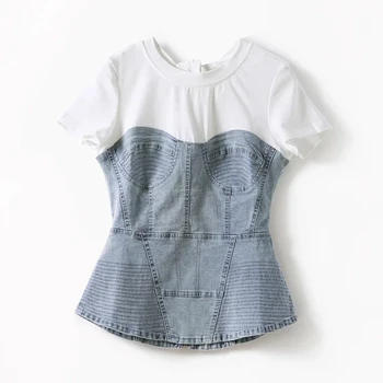 

Women Backless Denim Patchwork T-shirt Fashion Short Sleeve False Two Pieces Tee Top