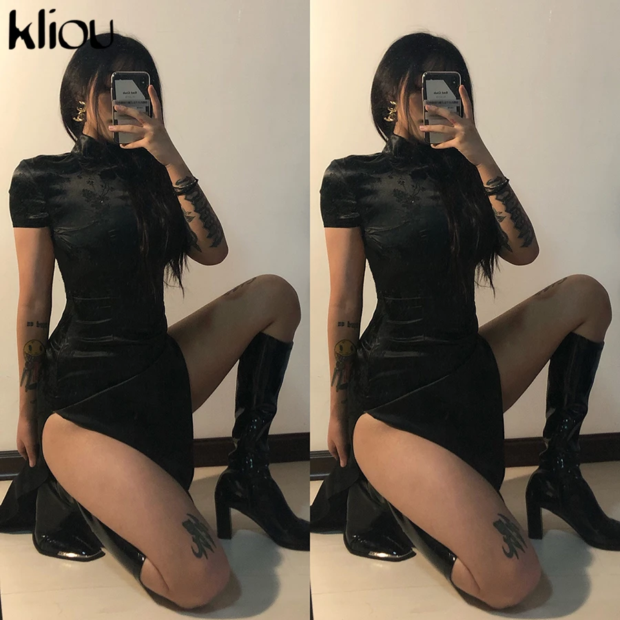 Женское атласное платье Ципао Kliou черное однотонное длинное с принтом в