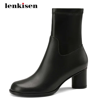 

Lenkisen 2020 stretch boots natural leather nightclub high fashion round toe high heel zipper gentlewomen basic ankle boots L33