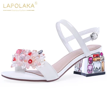 

Lapolaka 2020 Fashion Hot Genuine Cow Leather Thick Heels Summer Sandals Women Shoes Woman Buckle Strap Flowers Casual Sandals