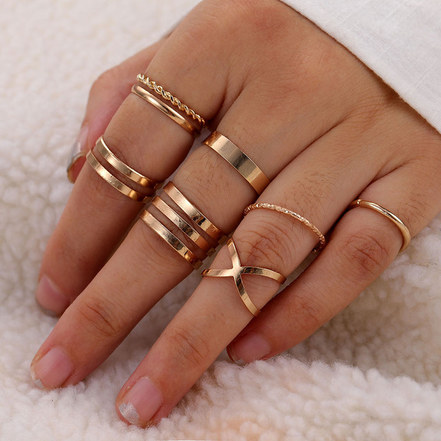 Gold Twist Pearl Pearl Rings Set Fashion Geometric Hollow Crystal Ring For Women Heart Joint Rings Boho Jewelr Accessories